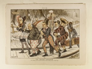 On Nov. 5, 1884, Puck magazine ran this cartoon after Grover Cleveland won the presidential election. Belva Lockwood and Gen. Benjamin Butler, both candidates, lead dejected supporters out of Washington.