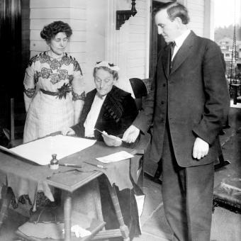 Abigail Scott Duniway signs Oregon's Equal Suffrage Proclamation in a ceremony on Nov. 30, 1912,