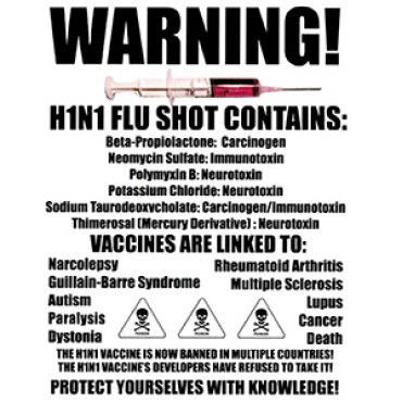 This image, which made the rounds on social media, uses false information and half-truths in an effort to convince people that the "swine flu" vaccine is dangerous and should be avoided.