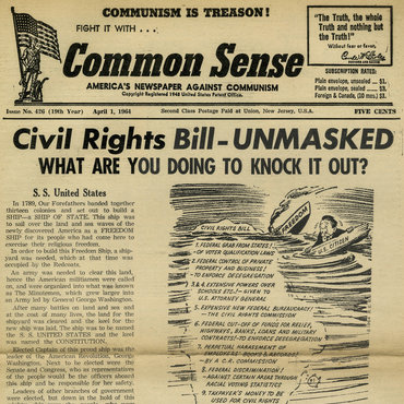 An anti-communist newspaper devotes its front page to fearmongering about the Civil Rights Act of 1964, saying it would give the federal government "dictatorial powers" and harm U.S. liberties.