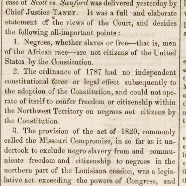 The Daily National Intelligencer reprints the main points of the Dred Scott decision on page 3 in the second column from the left.