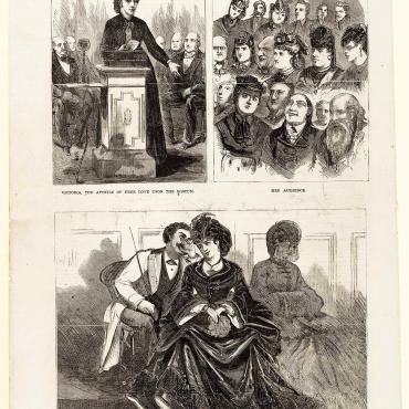 Engraving of Victoria Woodhull Lecturing on Free Love