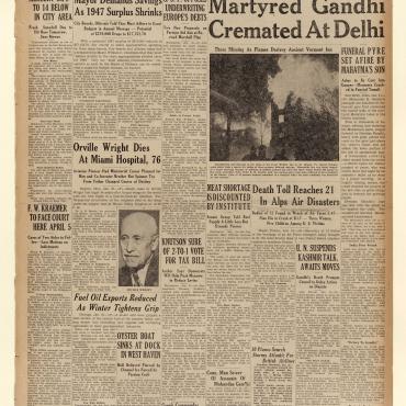 This New Haven Evening Register recounts Gandhi's funeral, the death of aviation pioneer Orville Wright and Republican proposals to revise the Marshall Plan.