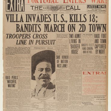 The San Francisco Call reports on the tense military situation as U.S. troops pursued Pancho Villa into Mexico following the murder of 18 Americans.