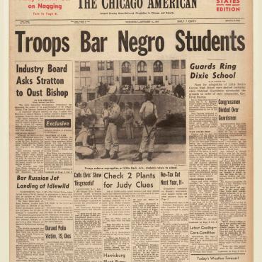 A second article describes the responses of President Eisenhower and various members of Congress to Arkansas Gov. Faubus's actions.