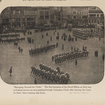 This photograph shows soldiers marching through Columbus Circle in New York City shortly after the U.S. formally entered WWI.