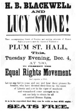 Advertisement for Talk by Suffragists Lucy Stone and Henry Blackwell,