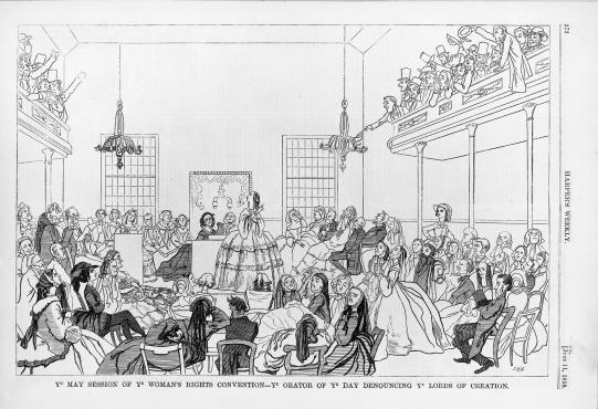 A wood engraving of a women's rights convention