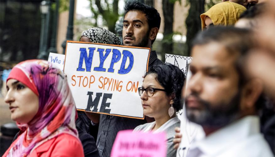 People rally in Manhattan, N.Y., to protest a New York Police Department surveillance program.