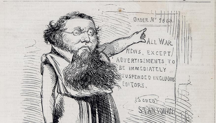 This cartoon depicts Edwin Stanton as a Roman emperor, dressing him in a tunic and changing his signature to "Stantonius." An incensor is one who stirs up anger.