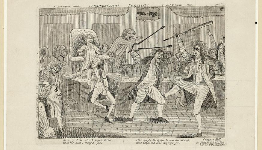 Three of the figures in the etching are identified by numbered captions in the margins. At the time of this fight, Congress met in Congress Hall in Philadelphia.