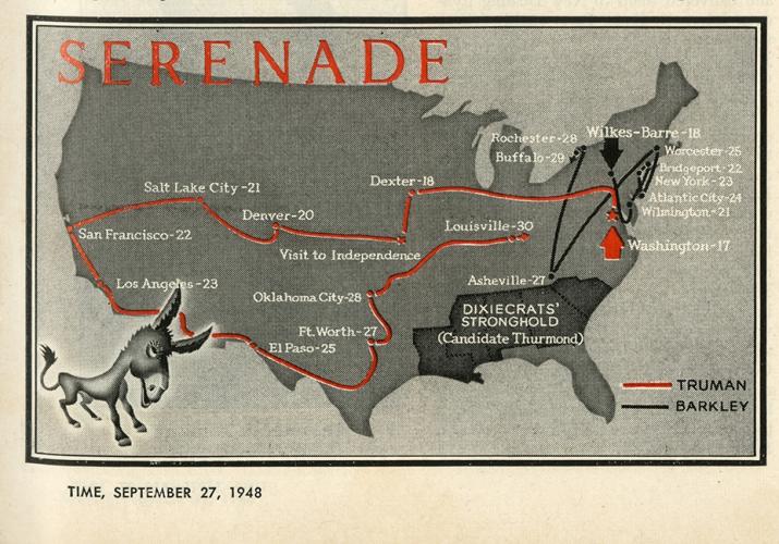 Time magazine recounts the transcontinental journeys of Harry Truman and his running mate, Alben Barkley, in September 1948.