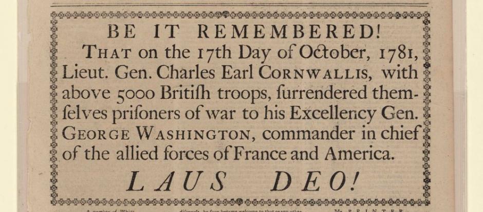 This Philadelphia newspaper reports on the British army's surrender at Yorktown, Va., to American and French forces commanded by Gen. George Washington.